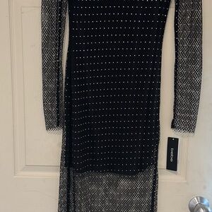 Bebe Rhinestone Mesh Maxi Dress Black Sheer Overlay Bodycon Mini NWT Small $109